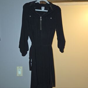 Anne Klein Black Long-Sleeve Hooded Zip Dress